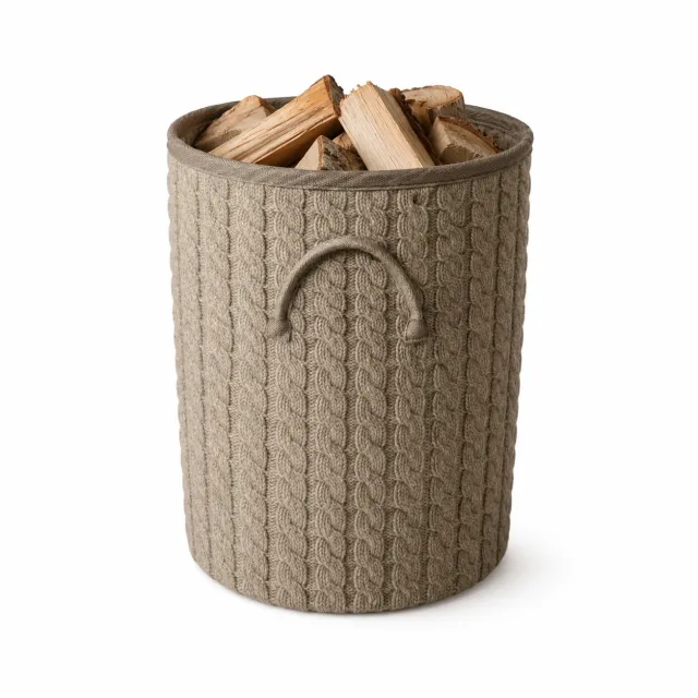VEDKURV STRIKK BEIGE, SETT Ø40H50cm og Ø35H46c